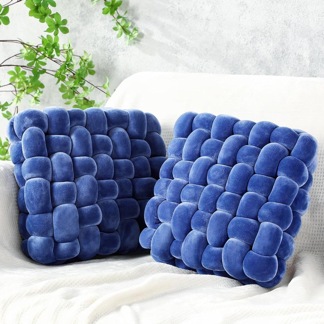 Wenqik 2 Pcs Knot Pillows Square Knotted Plush Throws Soft Accent Pillows Decoration Cushion for Couch Home Office Living Room Bedroom Bed Sofa Decor, 12'' x 13''(Blue,Crystal Velvet)
