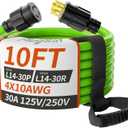 10FT 30 Amp Generator Extension Cord 4 Prong, NEMA L14-30P/L14-30R 10 Gauge STW 125/250V Twist Lock Generator Cord Heavy Duty, Green ETL Listed