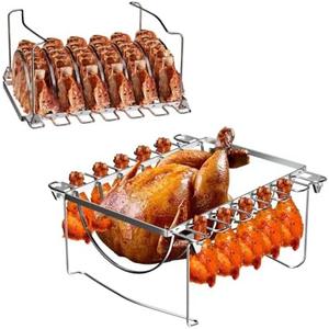 Chicken Leg Holder, Rib Rack, Turkey Rack for Grilling, Foldable Chicken Drumstick Holder for Grills, 3-in-1 Meat Smoker Accessories for Traeger Rib Rack, Pitboss Pellet Smoker, Oven, Stainless Steel