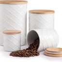 Sweejar Ceramic Canisters Sets for Kitchen Countertop, Relief Food Storage Jar with Bamboo Lid, Stackable Container for Flour, Coffee, Pasta, Cereal, Tea, Cookies, Sugar, Spices, Pack of 4 (White)