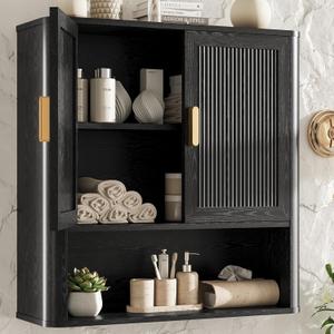 INNOD Bathroom Wall Cabinet, Wall-Mounted Medicine Cabinet with Adjustable Wood Shelf & Doors, Floating Bathroom Cabinet Over Toilet for Laundry Room & Kitchen & Living Room (Black)8"D x 23.5"W x 24.5"H
