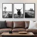 Framed Highland Cow Wall Art for Living Room, 3 Piece Black and White Farmhouse Canvas Artwork for Walls, Vintage Rustic Barn Western Farm Picture Prints for Bedroom Dining HallWay Wall Decor 16x24 In, 16" W x 24" H x 3Pcs