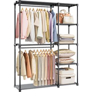 Portable Closet, Freestanding Wardrobe Closet Organizers and Storage, Open Clothing Racks for Hanging Clothes with 4 Shelves and 2 Hanging Rods47.8x15.8x63.4 Inches