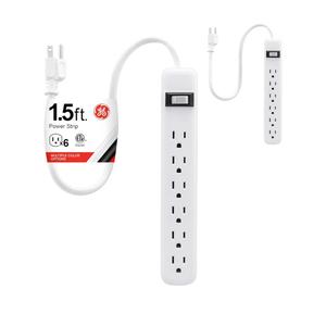 GE 6Outlet Power Strip, 2 Pack, 1.5 Ft Extension Cord, Heavy Duty Plug, Grounded, Integrated Circuit Breaker, 3Prong, Wall Mount, ETL Listed, White, 14833