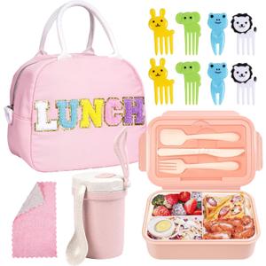 Kolewo4ever 17 Pieces Bento Box Lunch Box Kit,Large Insulated Lunch Bag 3 Layer Stackable Leakproof Lunch Box Containers with Cup,Lunch Bag,Spoon,Fork for Girl Women