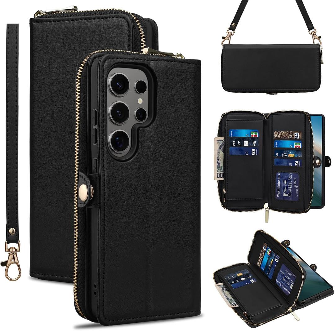 Rssviss Wallet Case for Samsung Galaxy S25 Ultra 5G Crossbody with Card Holder Wrist Strap, RFID Blocking Flip Zipper Case PU Leather, Purse Cover for Samsung S25 Ultra Men Women 6.9 inch Black