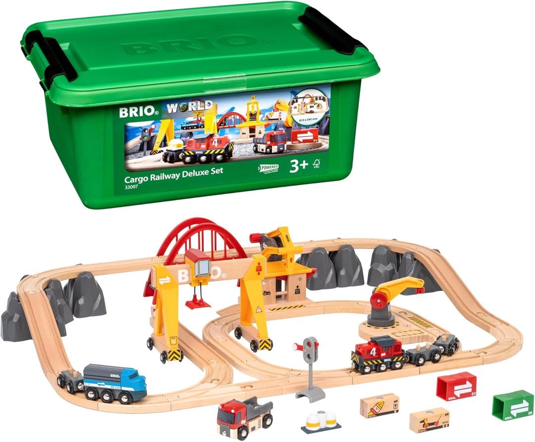 BRIO World Cargo Railway Deluxe - Wooden Track Train Set - Battery-Powered Engine, 3 Cranes, Bridge, Truck - Kids Ages 3+ - Compatible with All Wooden Rail Sets - FSC Certified Wood - 54-Pieces