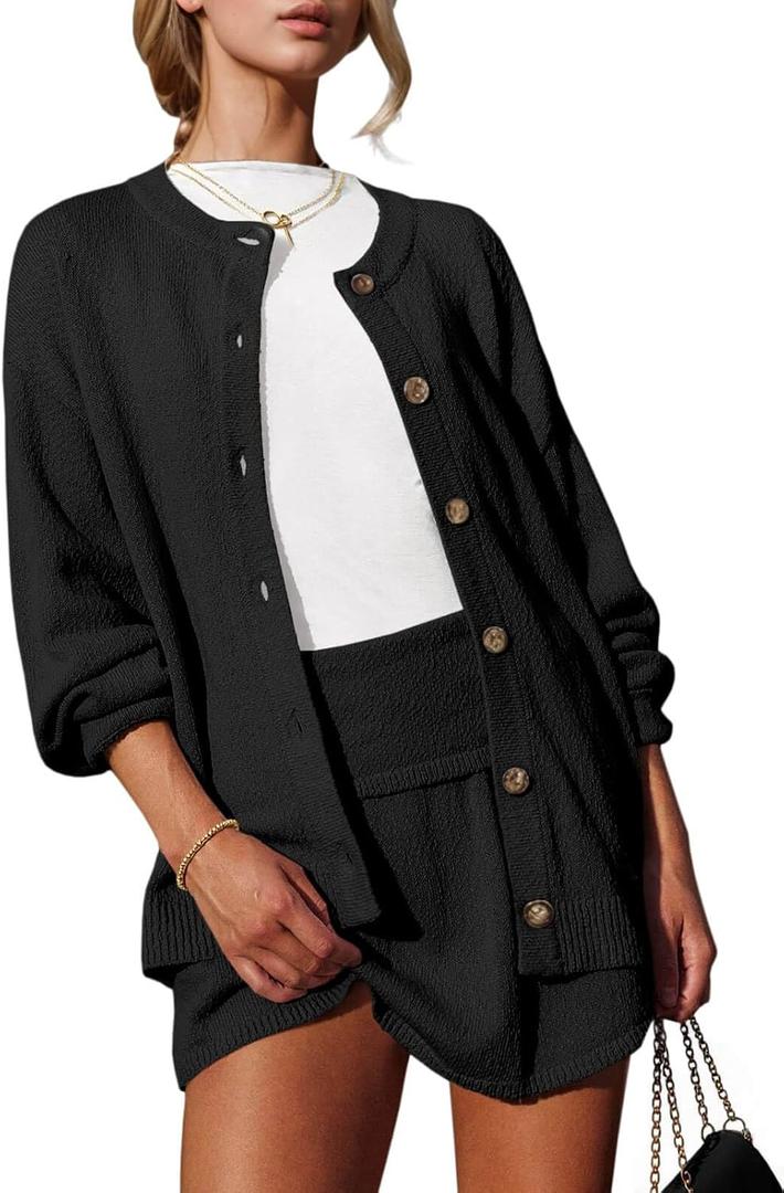 Tankaneo 2 Piece Sweater Sets for Women Long Sleeve Cardigan Outfits Mini Skirts Knit Matching Lounge Set (Black)