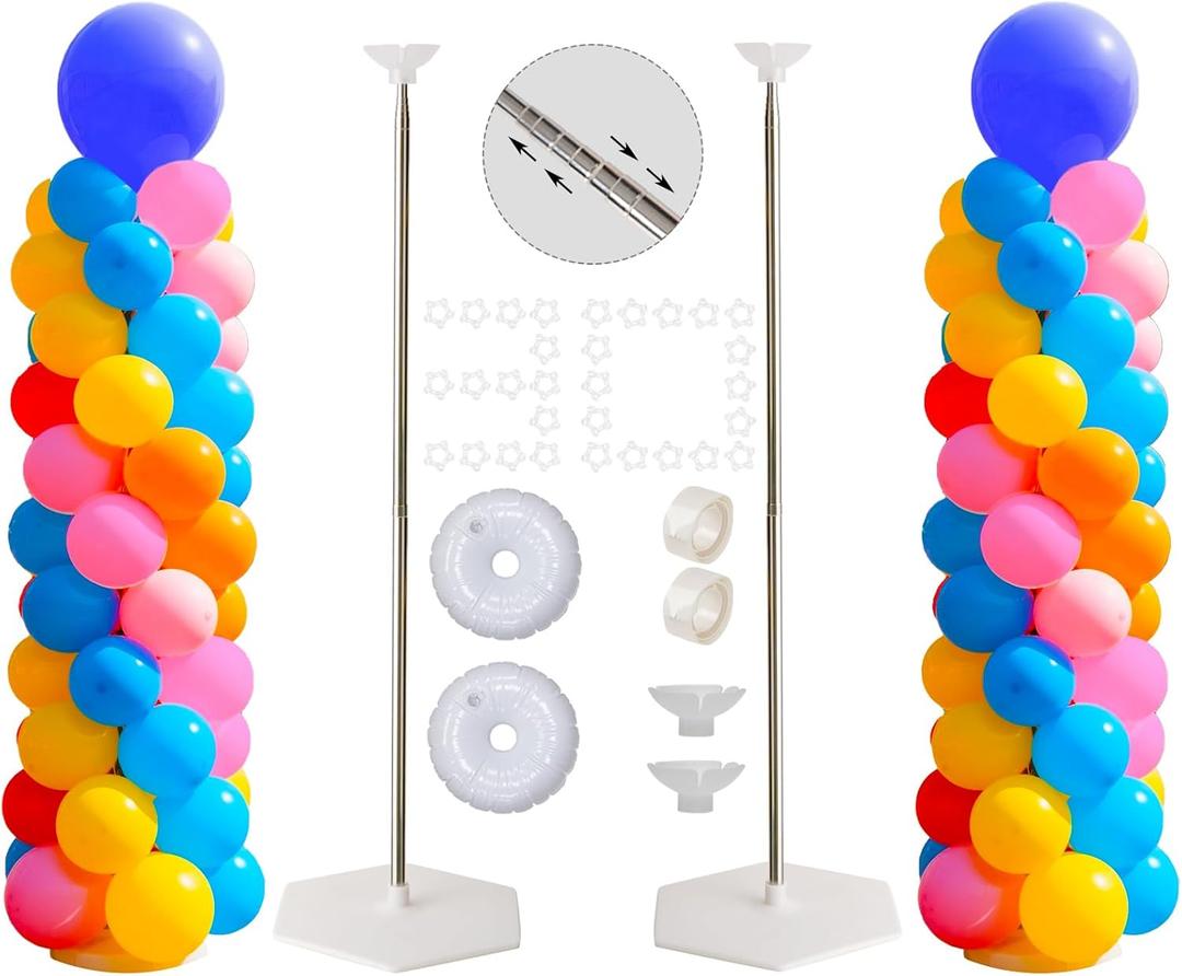 Balloon Stand Kit, Set of 2, 7 Feet Adjustable Balloon Column Stand for Floor, Reusable Metal Telescopic Balloon Stands for Floor with Base for Birthday, Wedding, Baby Shower, Graduation Party