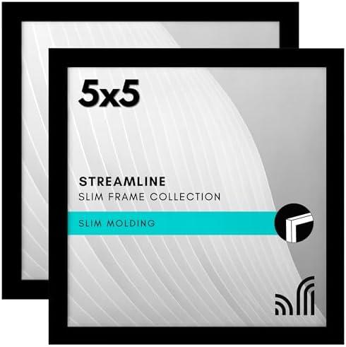Americanflat 5x5 Picture Frame with Shatter-Resistant Glass - Set of 2 - Streamline Collection - Thin Border Square Frame for Tabletop and Wall - Hanging Hardware and Easel Stand Included - Black
