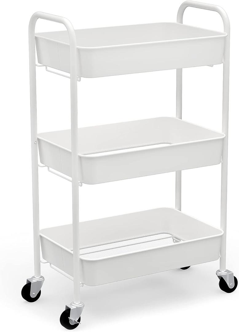 CAXXA 3-Tier Rolling Metal Storage Organizer - Mobile Utility Cart Kitchen Cart with Caster Wheels, White