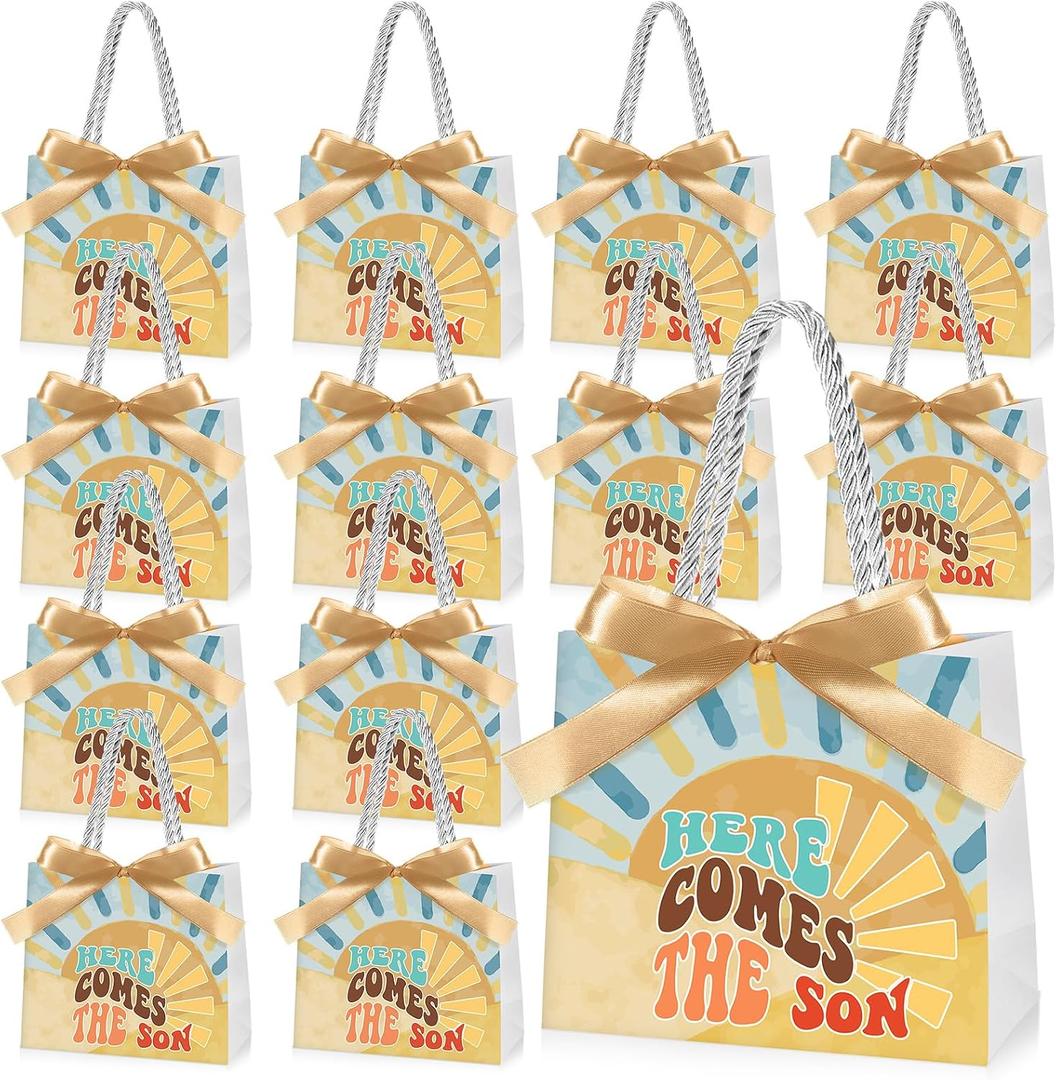 Spakon 25 Sets Here Comes The Son Baby Shower Party Favor Bags Boho Sun Gift Bags with Handles and Bow Ribbons for Baby Shower Birthday Party Decoration Supplies Goodie Souvenirs Treat
