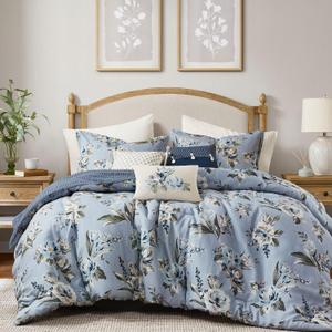 Madison Park Queen Comforter Set Vintage Floral Reversible Comforters Queen Size Bed, All Season, Down Alternative Bedding Queen Size Comforter, Bedskirt, Pillows, Shams, Salara, Queen Blue 7 Piece