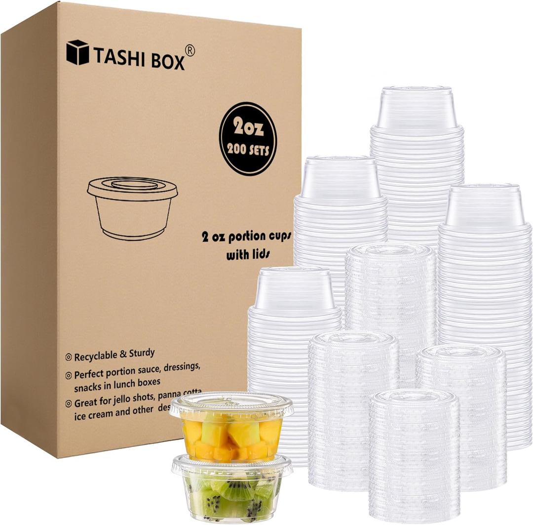 TashiBox Plastic Portion Cups with Lids [2 Ounce, 200 Sets] Disposable Plastic Cups for Meal Prep, Salad Dressing, Jellos Shot Cups, Souffle Cups, Condiment & Dipping Sauce Cups