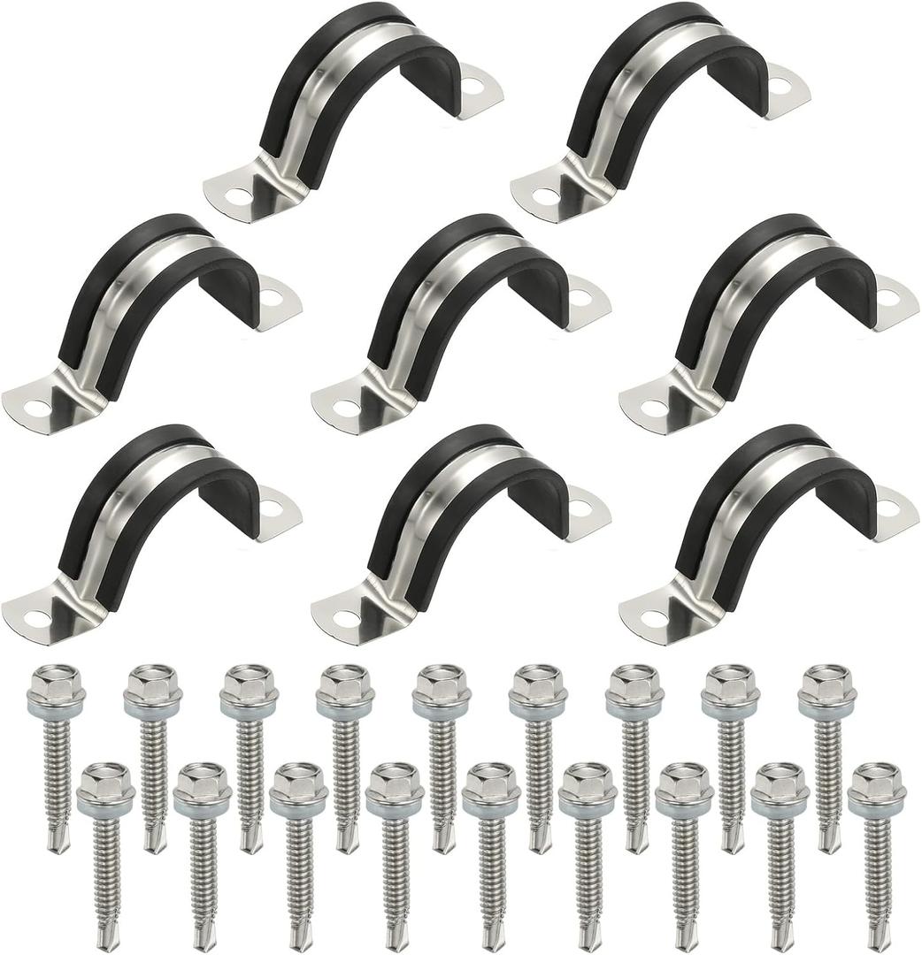 PATIKIL 8Pcs Pipe Clamps, 1-1/2 Inch 304 Stainless Steel Rubber Cushioned U Bracket Conduit Clamps Pipe Strap Wire Clips with Hexagonal Screw for Tube Hose Cord Installation, 38mm