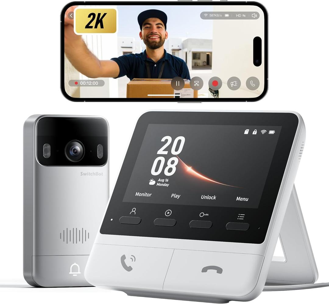 SwitchBot Video Doorbell Camera Wireless with Monitor, No Subscription, 4.3 Inch Screen, Battery Powered, Head-to-Toe View, 2K FHD, 2-Way Audio, Motion Detection, Works with Alexa/Goole/Home Assistant (Pearl Gray)