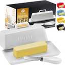 Ceramic Butter Dish Set with Lid and Knife - [White]- Decorative Butter Stick Holder with Handle for 1 Stick of Butter - Microwave Safe, Dishwasher Safe - Anti-Scratch Stickers Included