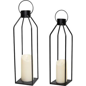 HPC Decor 22'' 19'' Lanterns Decorative w/ Flickering Timer Candles- Large Tall Black Metal Candle Lanterns Set of 2- Modern Farmhouse Decor for Indoor,Outdoor,Tabletop,Porch (No Glass)
