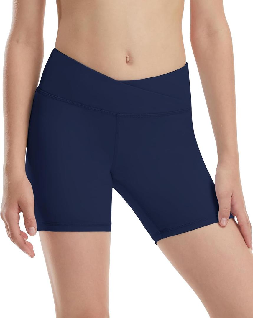 Runhit Girls Volleyball Shorts 5" Youth Spandex Biker Shorts Kids V Cross Waist Compression Dance Athletic Shorts Large