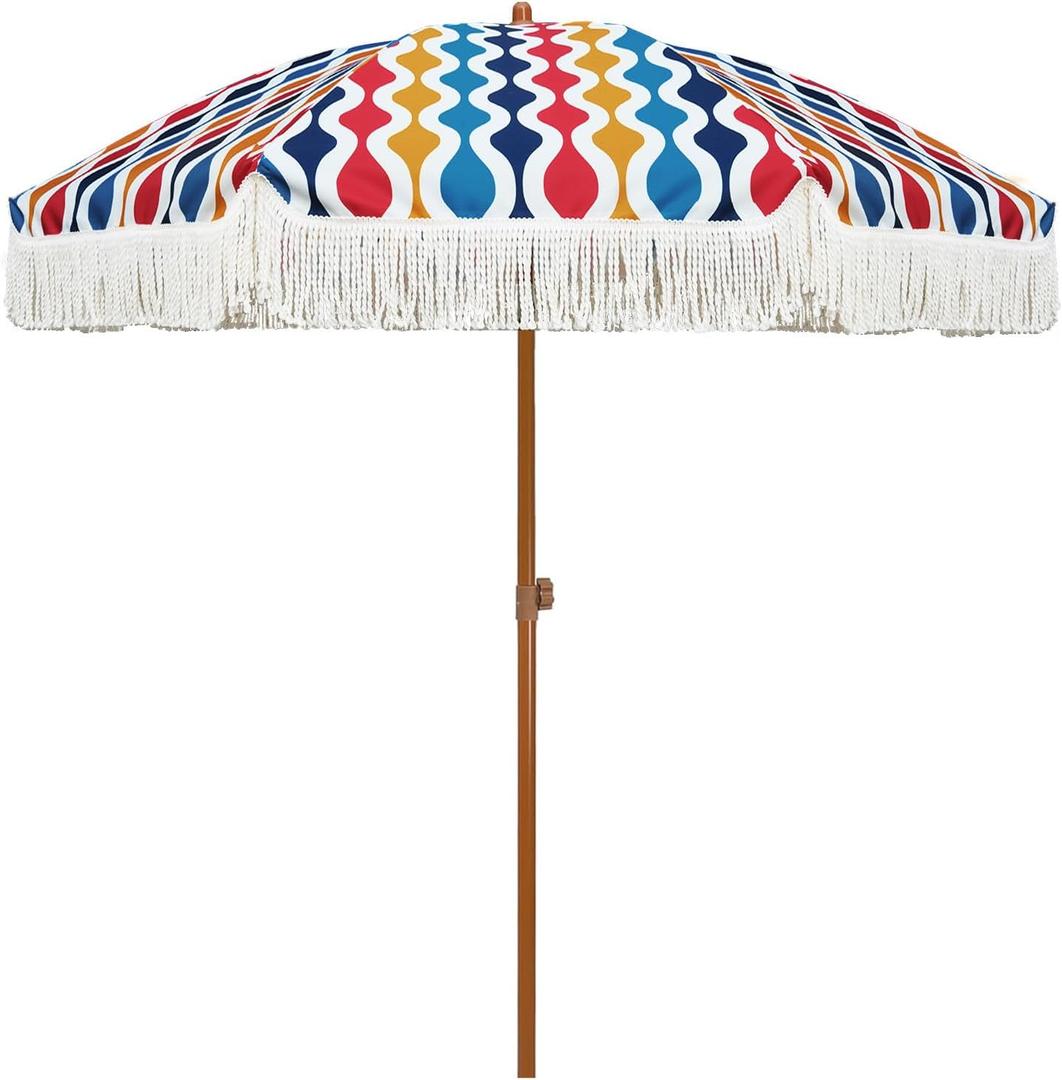 AMMSUN 7ft Patio Umbrella with Fringe Outdoor Tassel Umbrella UPF50+ Premium Steel Pole and Ribs Push Button Tilt, Wave Colorful