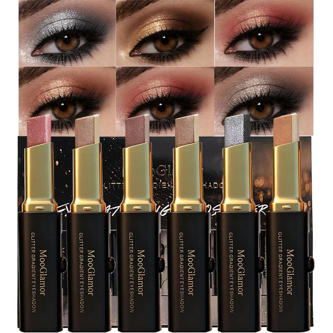6 Pcs Glitter Eye Shadow Stick Shimmer Eye Shadow Set with Two-Color Gradient and Waterproof Eyeshadow Pen for Long Lasting Eye Makeup Gift