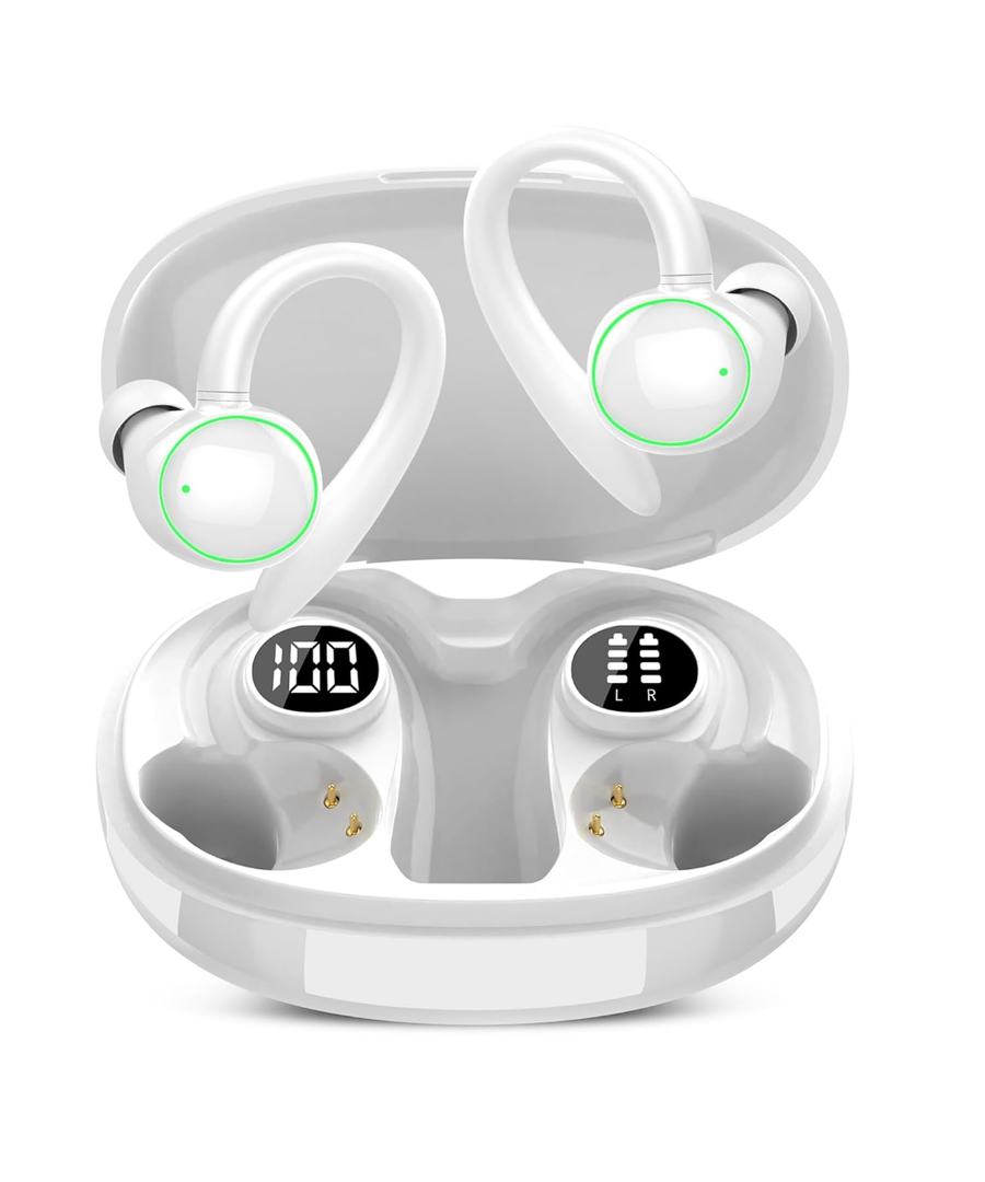 Wireless Earbuds, Bluetooth 5.3 Headphones Sport, Over Ear Buds With ENC Noise Cancelling Mic, 48H, Wireless Earphone With Earhooks, Stereo Deep Bass, IP7 Waterproof Headset for Workout Running, White