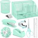 auroray Green Desk Organizers and Accessories, Teal Office Supplies Set Green Mesh Desk Organizer, Stapler, Tape Dispenser, 1000 Staples, Staple Remover, Pen Holder, Clips Set, Ruler, Scissors
