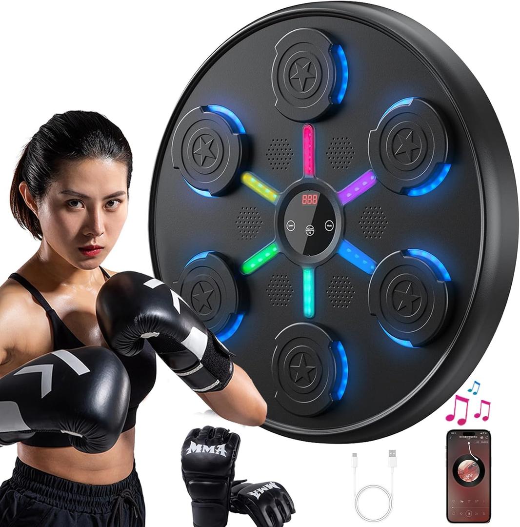 Music Boxing Machine with Boxing Gloves, Boxing Machine Wall Mounted Music, Wall Boxing Machine Trainer with 9 Modes, Smart Display Screen, LED Lights, Music Boxing Machine for Adults (Black)