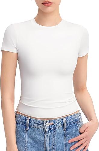 PUMIEY Summer Tops for Women Slim Fit Short Sleeve T Shirts Sexy Y2K Crop Top, Splashed White Large
