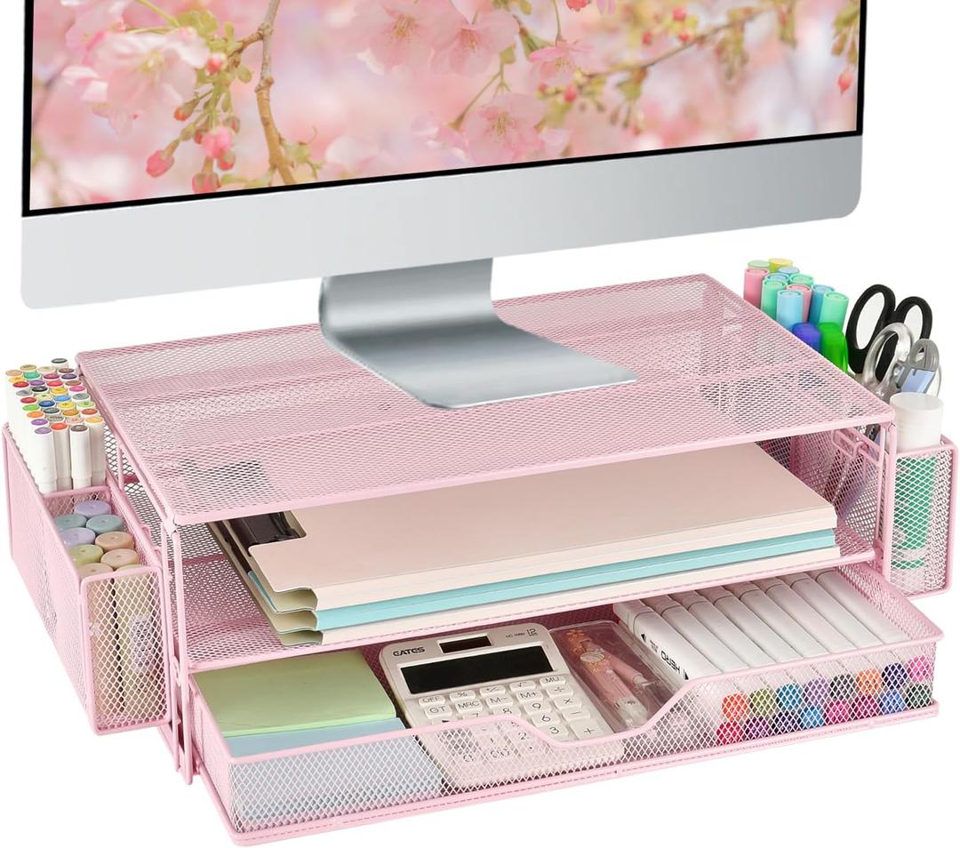 AUPSEN Computer Monitor Stands Riser2-Tier Desk Organizers and Accessories, Office Desk Accessories Organizer with Drawers and 2 Pen Holder for Office Supplies (Pink)