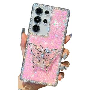 Cute Compatible with Samsung Galaxy S23 Ultra 6.8 inch Girly Case, Bling Glitter Diamond Butterfly Kickstand Case, Soft Silicone Cases for Women(Pink)