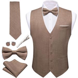 Barry.Wang Mens Suit Vest Linen Formal/Casual V-neck Waistcoat Tie Bow Tie Set Solid Color 6PC Wedding Party Tuxedo (Brown, S)