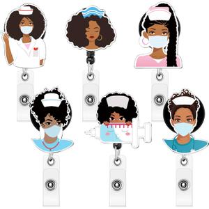6 Pcs Black Girl Nurse Badge Holders Reel Retractable with Clip, Nurse ID Badge Clip Holders for Christmas Women Doctor CNA Week Graduation Birthday Hospital Nursing Volunteer Student Valentine Gift