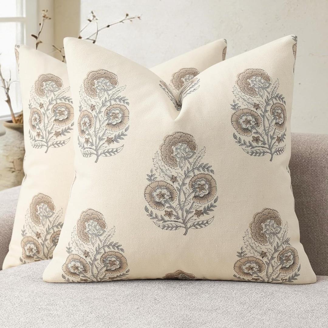 YCOLL Vintage Floral Print Pillow Covers 20x20 Set of 2 Patterned Accent Decorative Cushion Covers Modern Farmhouse Throw Pillow Covers for Sofa Couch Chair Bed Living Room Home Decor, Light Brown