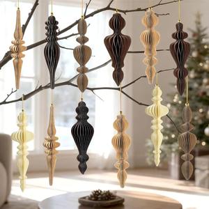 12Pcs Christmas Honeycomb Ornaments for Tree, 3D Paper Honeycomb Hanging Decorations Vintage Finial Christmas Ornaments Lanterns for Xmas Tree New Year Holiday Party Home Decor, Brown Khaki Beige