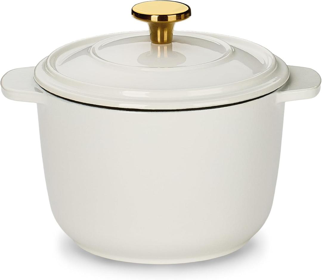 CAROTE 2QT Enameled Cast Iron Dutch Oven Pot with Lid, Mini Round Dutch Oven for Small Sourdough Bread, Stews, Soups, Sauces, Beans, Rice, Serves 1-2, Dual Handles, Healthy & Non-Toxic, All Stovetop Compatible, Oven Safe up to 500 F, White