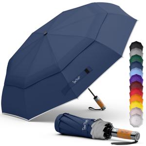 Royal Walk Windproof Folding Travel Umbrella Compact and Strong Luxurious Real Wood Handle Automatic Open Close Vented Double Canopy for Men and Women (Dark Blue)