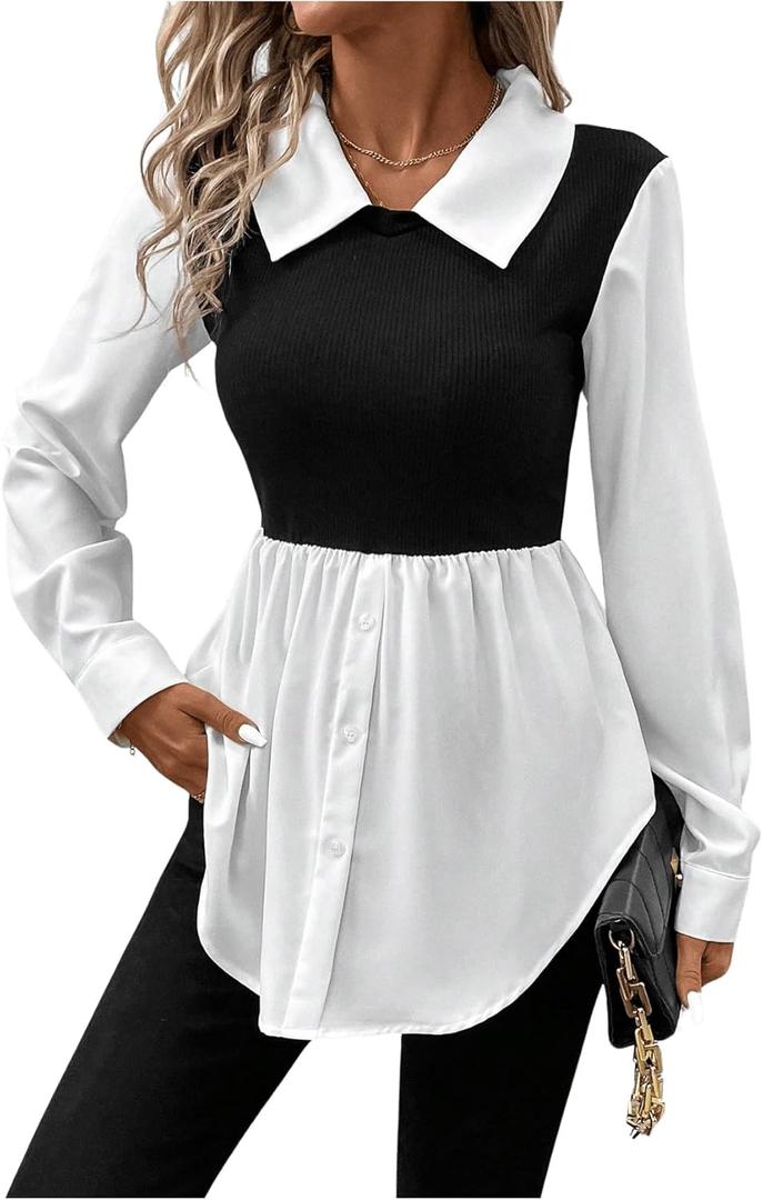MakeMeChic Women's Color Block Rib Knitted Collar Long Sleeve 2 in 1 Shirt Blouse Peplum Tops Black and White, Small