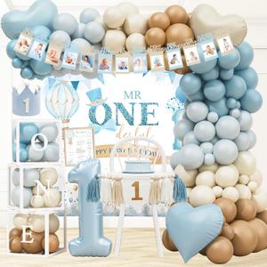 1st Birthday Decorations for Boy, First Birthday Party Supplies, Baby Boy First Birthday Decorations, Balloon Boxes, Backdrop, High Chair Banner, Crown, Photo Banner