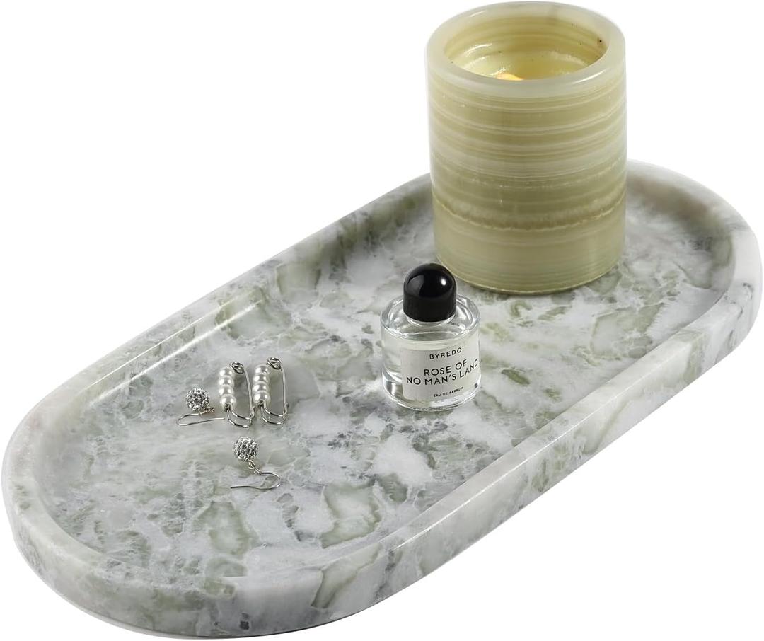 Koville African Natural Marble Tray, 12"x6" Vanity Decorative Tray for Countertop Organizer, Catchall Tray for Perfume, Candles, Jewelry Dish (Green Marble-bianco Palomino)
