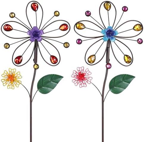 YEAHOME Garden Decor for Outside, 2 Pack 22.2“ Hollow-Out Flower Garden Stakes Spring Decor, Metal Flowers with Shaking Head Yard Art for Outdoor Lawn Backyard Porch Patio Garden Decorations