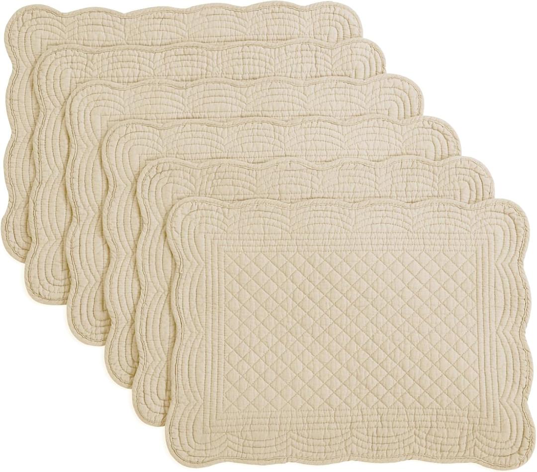 HOMBYS Quilted Placemats Set of 6 Washable-13x18 inches Rectangular Placemats for Kitchen Table-100% Cotton Fabric Rectangular Table Mats, (Light Brown)