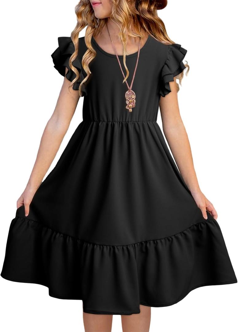 blibean Teen Girls Dresses Kids Double Layer Ruffle Sleeve Dress Size 6-15 Years (12-13 Years)