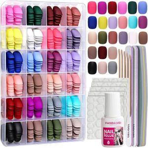 FANDAMEI Short Press on Nails, 24 Packs 576PCS Short Round Press on Nails Matte, Acrylic Small Fake Nails Full Cover, Matte Glue on Nails with 7g Nail Glue, 24 Color False Nail