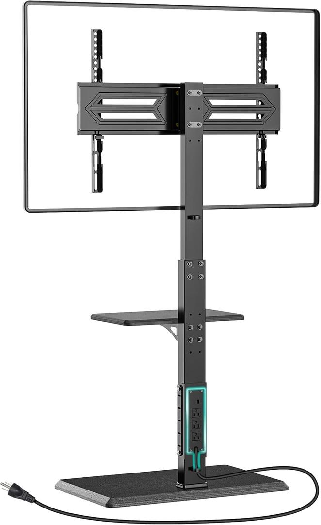 WALI Floor TV Stand with Power Outlet & AV Shelf, Tall TV Stand Mount for 32-75 inch TV up to 110 lbs, Swivel and Height Adjustable TV Stands with Wood Base for Bedroom, Office(TVDVD-6P), Black