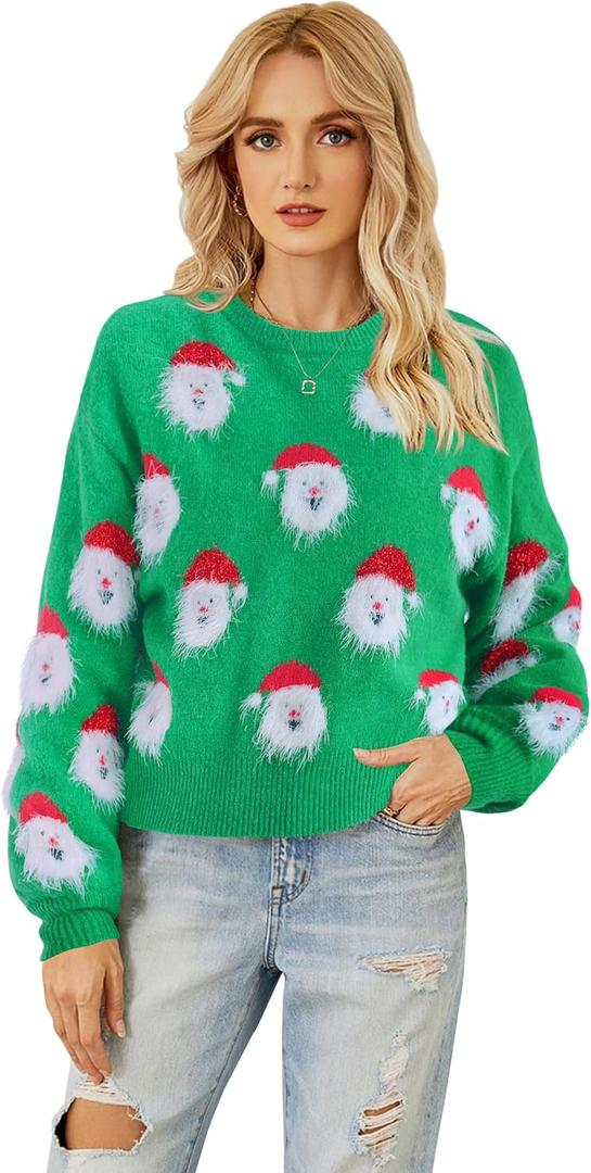 Ugly Christmas Sweaters for Women Funny Santa Xmas Snowflake Holiday Party Cute Knitted Pullover Tops (Large, Green)