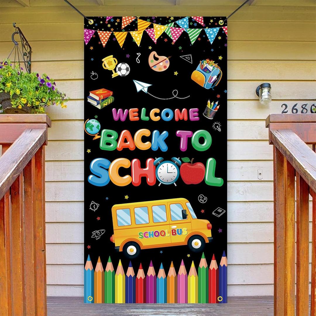 Back To School Banner Welcome Back To School Door Cover Backdrop Polyester Hanging Banner Front Door Porch Sign for First Day Of School Classroom Indoor Outdoor Decorations, 70.8 X 35.4inch
