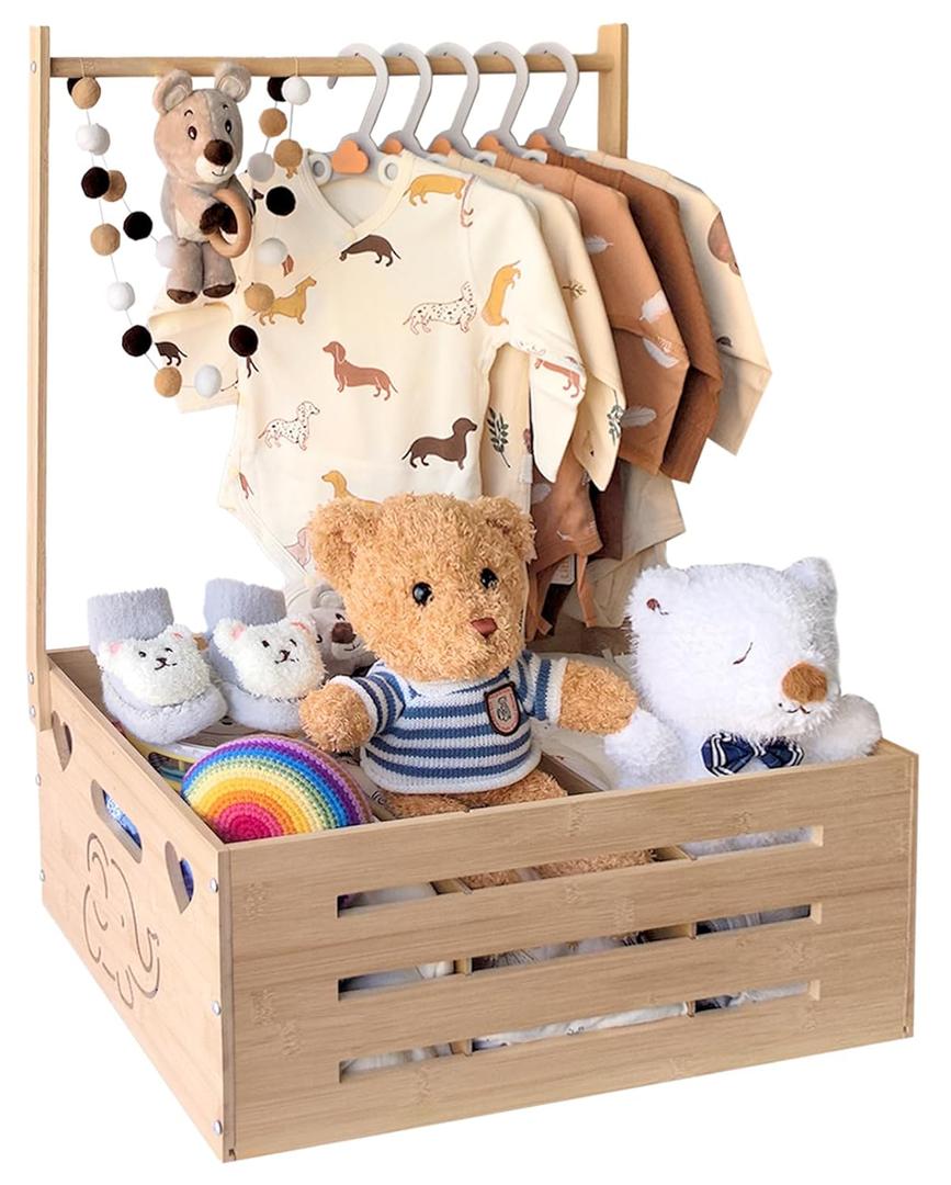 fun-plus Super Size Baby Shower Crate Closet, Baby Shower Basket with Handle Baby Storage Crate, Wooden Crate for Pregnancy New Parent (Bamboo made)