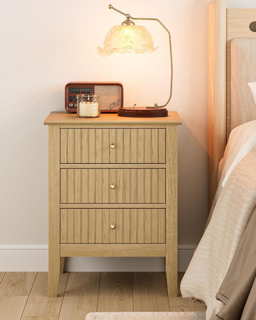 Fluted Nightstand, Farmhouse Night Stand with 3 Drawers, Mid Century Modern Side Accent Table,Bedside End Table for Bedroom, Living Room, Oak