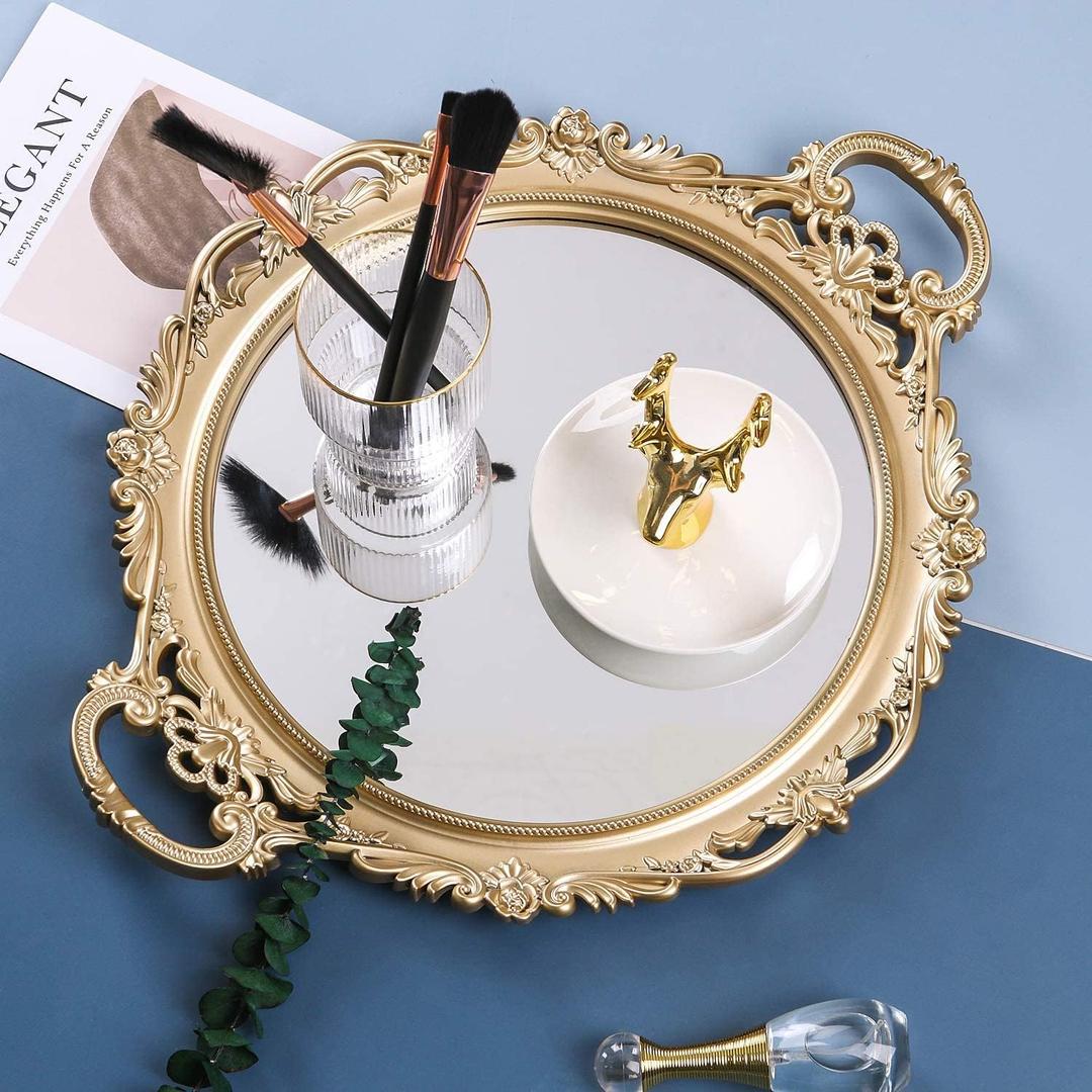 YANIZU Decorative Mirror Tray, Round with Handles, Organizer for Perfume, Makeup, Jewelry, Vintage Display and Serving Tray for Dresser, Counter and Coffee Table, 15.8" x 13", Gold